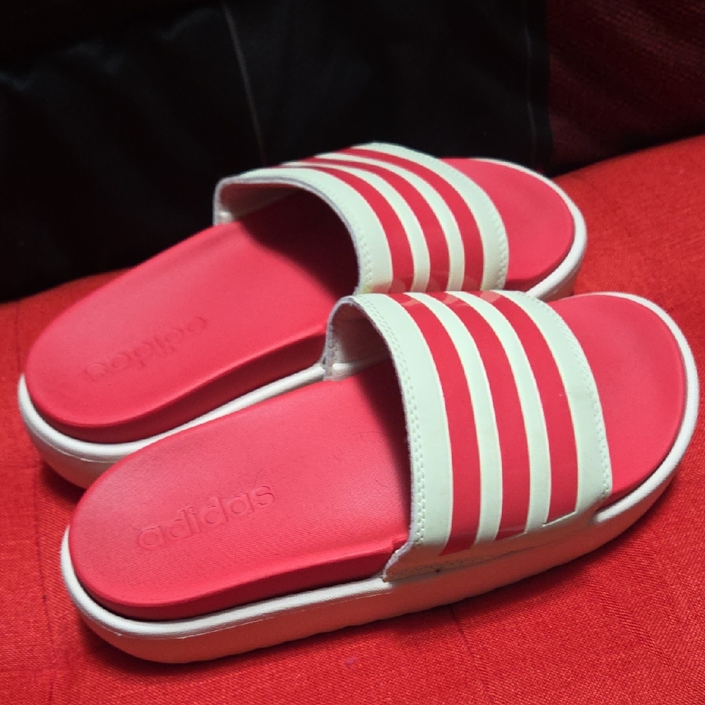 adidas Red  and White Slide Sandals with Three Stripes